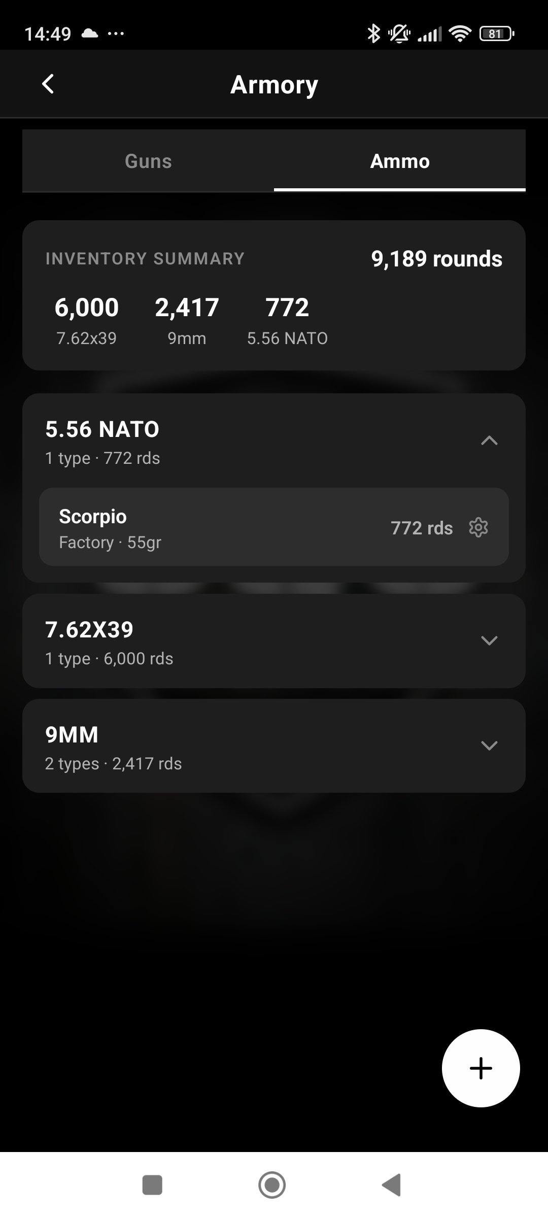 Ammo inventory tracker showing stock levels by caliber and brand
